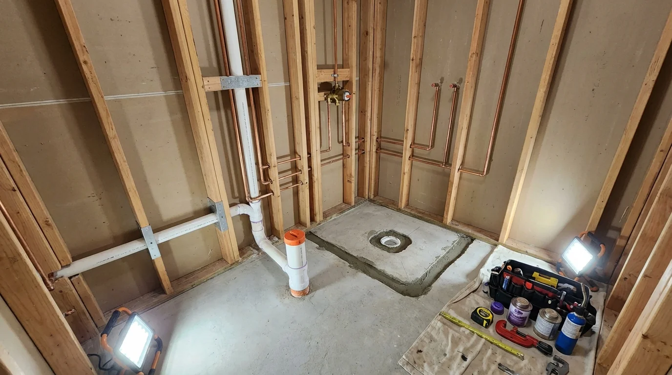 Bathroom rough-in plumbing during remodel by Johns Plumbing LLC in Jersey City