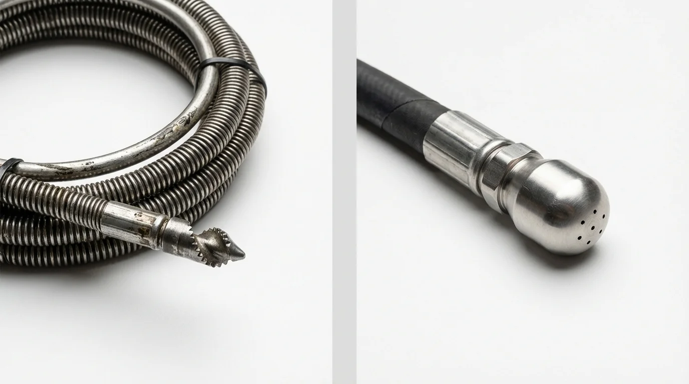 Drain snake cable and hydro jetting nozzle used for drain cleaning in Jersey City, NJ