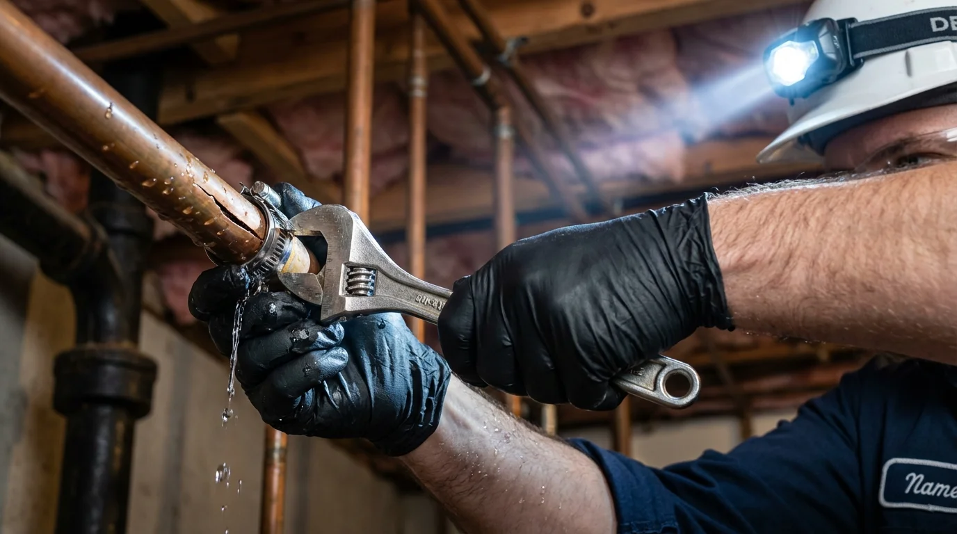 Emergency pipe clamp repair being performed by a Johns Plumbing LLC plumber in Jersey City