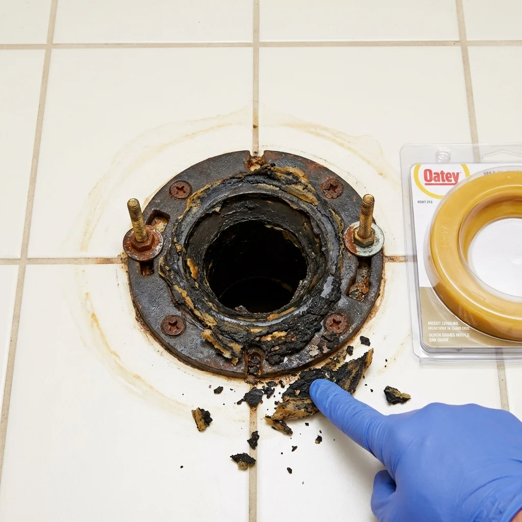 Failed wax ring showing water seepage at the base of a toilet in a Jersey City, NJ home