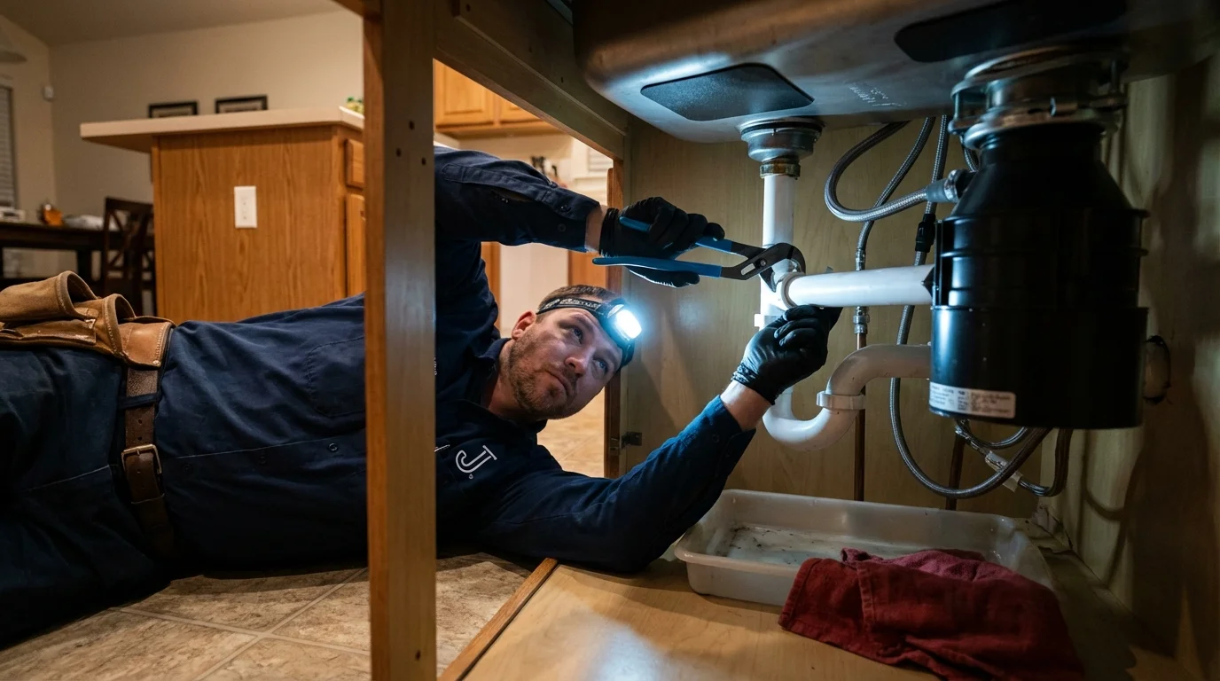 P-trap and supply line connections under a kitchen sink showing a common leak point in Jersey City, NJ